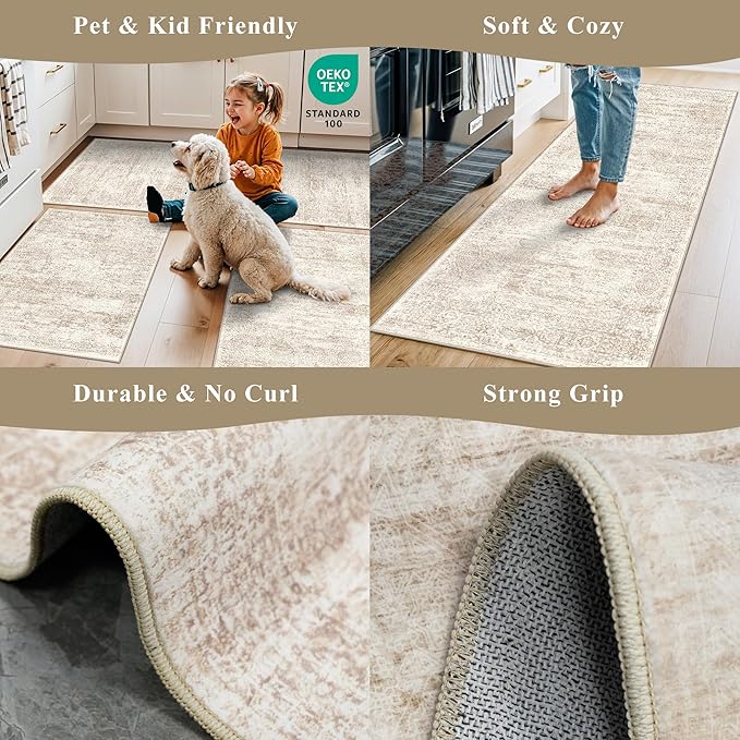 2x3 Feet Washable Entryway Rug, Non-Slip Small Kitchen Throw Mat for Sink, Soft Low-Pile Stain & Fade-Resistant Indoor Mat for Pet Area & Bathroom (Cream/Beige)