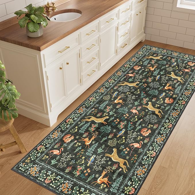 DUKINO 3x6 Washable Runner Rug, Low Pile Animal Print Non Slip Runner Rug for Kitchen, Lightweight & Non Shedding Indoor Carpet for Hallway, Kitchen, Entryway, Bathroom, Laundry, Black
