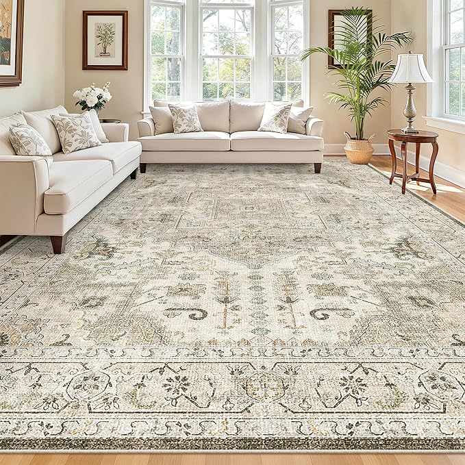 Madane Washable Rug 8x10 Area Rugs for Living Room, Ultra-Thin Non-Slip Backing Rug, Stain Resistant Vintage Large Area Rug for Bedroom (Ivory/Brown, 8'x10')