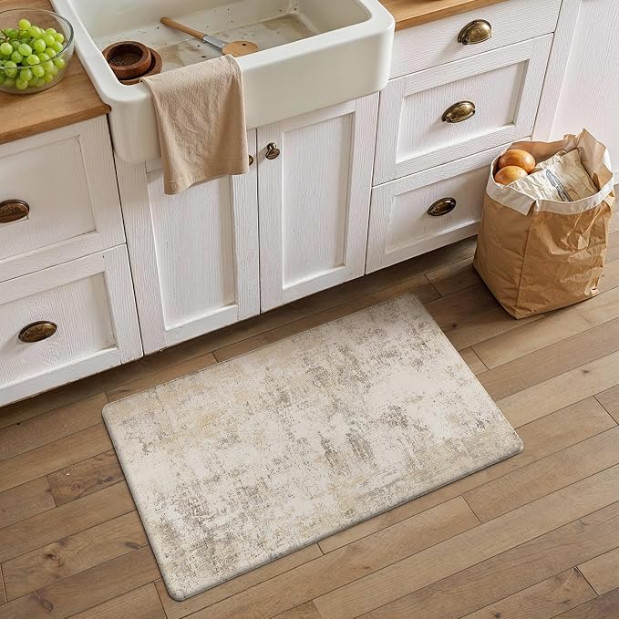 Kitchen Mats for Floor Set of 2 Anti Fatigue Waterproof Kitchen Rug Beige Grey Abstract Cushioned Non-Slip Kitchen Mats Comfort Standing Neutral Mat for Sink Laundry Office 17.3"×47"+17.3"×30"