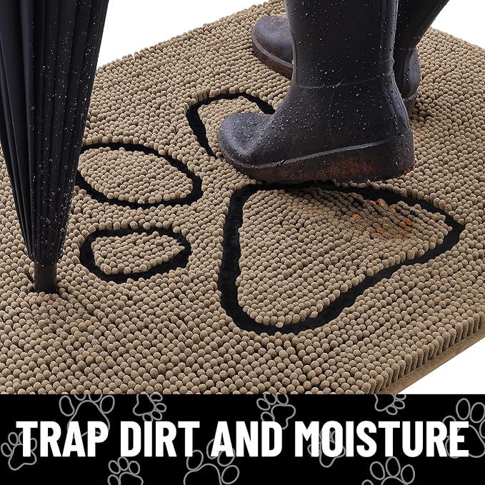 Smiry Dog Door Mat for Muddy Paws, Absorbent Dirt Trapper Non Slip Quick Dry Washable Chenille Mat for Mud Dogs, Entry Rug for Indoor and Outdoor (47x17 Inches, Camel and Black)