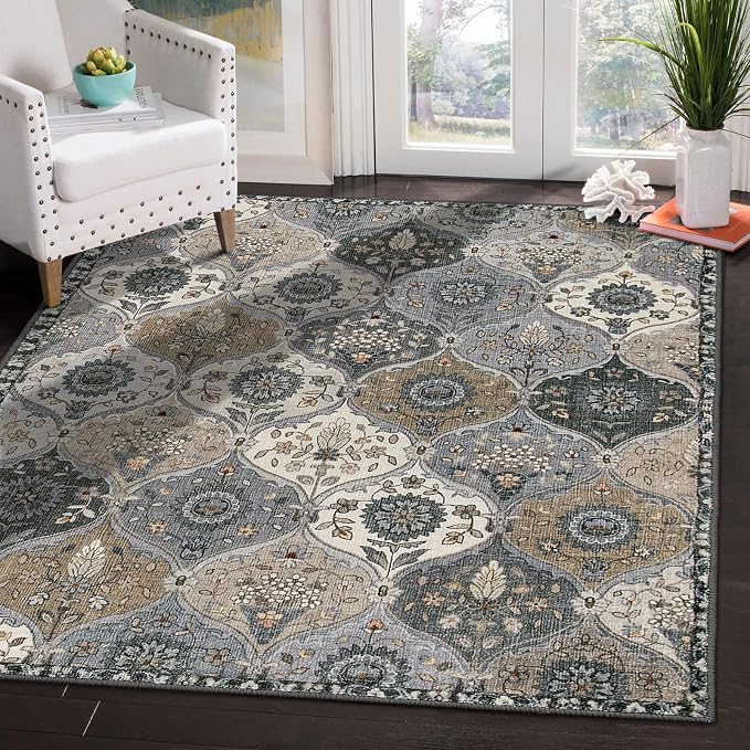 Lahome Moroccan Machine Washable Area Rugs, 4x6 Rug for Living Room Bedroom, Soft Non-Slip Rug Vintage Trellis Ultra-Thin Throw Carpet for Dining Room Office Elise, Grey