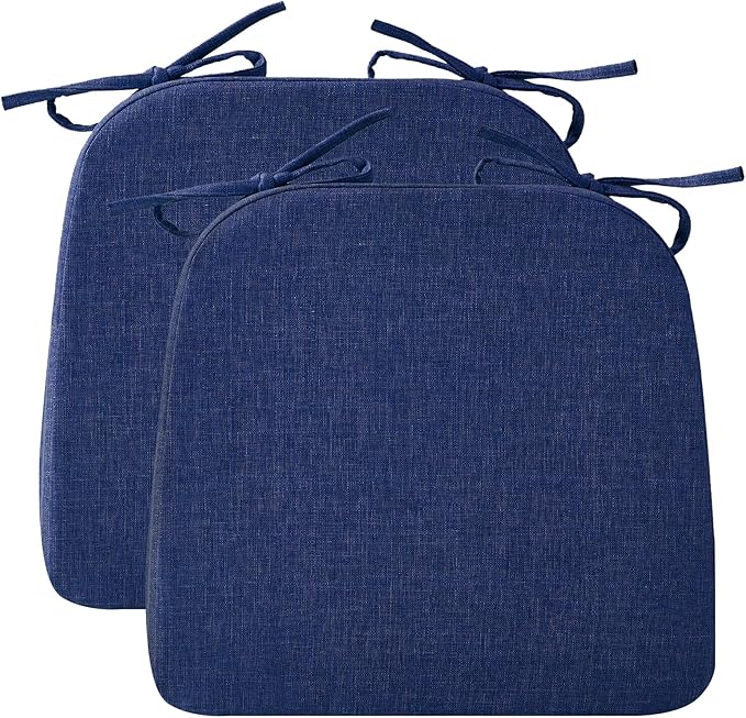 Ruqmuis Chair Cushions for Dining Chairs, 2" Thick Seat Cushions for Kitchen Chairs, D-Shaped Chair Pads with Washable Cover, Ties and Non Slip Backing, 17'' x 16'', Set of 2, Blue