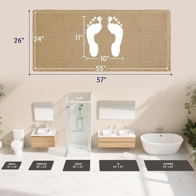 SUBRTEX Waffle Braided Bath Mat, 24" x 55" Soft Waffle Bath Rugs, Absorbent Non Slip Bathrooom Mats, Machine Washable Area Rug for Bathroom, Quick Dry, Khaki