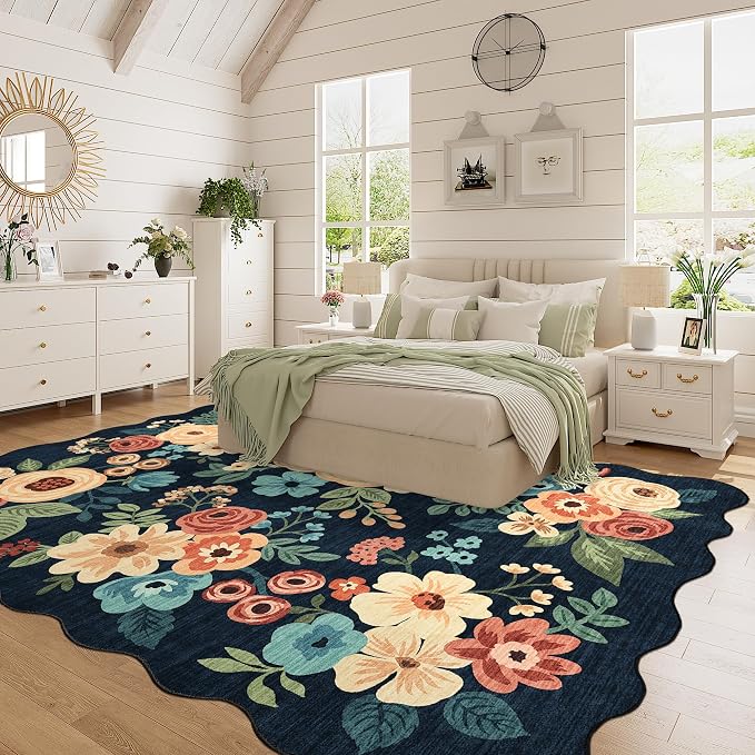 DUKINO 5x7 Area Rug, Floral Washable Rugs for Living Room with Non Slip Backing & Non-Shedding, Lightwight Low Pile Boho Design Large Carpets for Bedroom, Living Room, Dining Room, Navy Blue