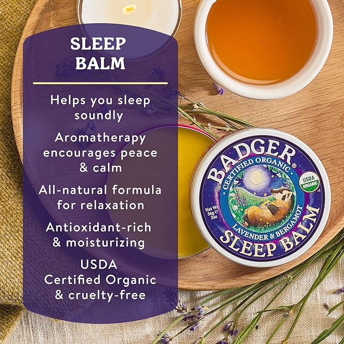Badger Sleep Balm, Organic Essential Oil Aromatherapy Natural Sleep Balm for Adults & Kids, Relaxing & Calming Lavender & Bergamot Natural Sleep Support, .75 oz Tin, 3-Pack