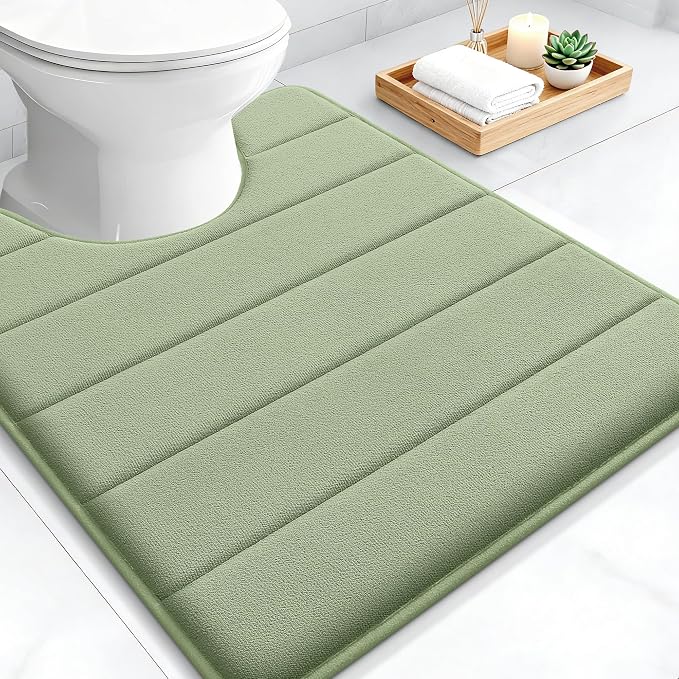 OLANLY Memory Foam Toilet Rugs U Shaped 24x20, Super Soft Absorbent Contour Bath Rugs, Quick Dry, Machine Washable Toilet Mat, Bathmat Floor Carpet, Bathroom Home Decor Accessories, Sage Green