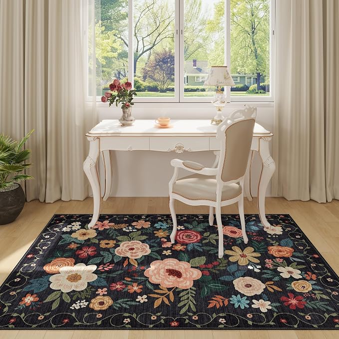 DUKINO 3x5 Area Rug, Floral Rugs for Living Room, Lightweight Non Slip Washable Rug, Indoor Low Pile & Non-Shedding Boho Design Rugs for Bedroom, Living Room, Dining Room, Black
