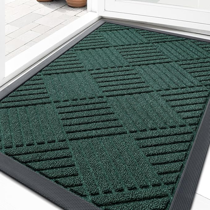 OLANLY Front Door Mat Outside Entrance 33x21, Absorbent, Heavy Duty Sturdy Natural Rubber Doormat Indoor Outdoor, Stain Fade Resistant, Non-Slip Low Profile Floor Mat for Entryway, Black Green Diamond