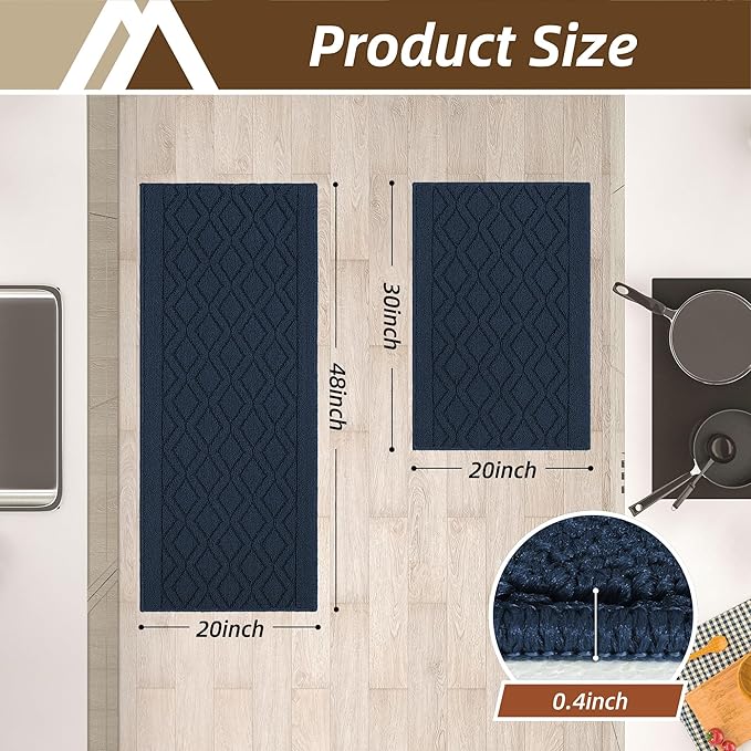COSY HOMEER 48x20Inch/30X20Inch Kitchen Rugs Sets Non-Slip Washable Kitchen Mats for Floor Polypropylene Absorbent Kitchen Runner for Kitchen Sink Hallway Entryway,Navy Blue