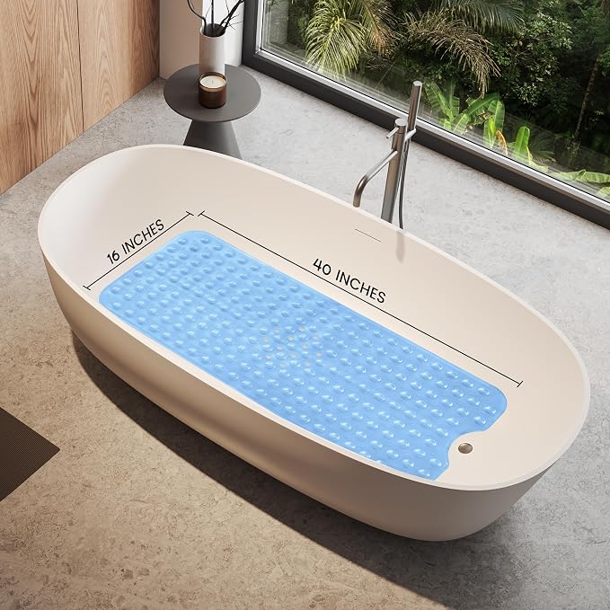 LUX Décor Non-Slip Bathtub Mat, Extra Large 40x16 Inches – Anti-Slip Safety Shower Mat with Suction Cups & Drain Holes – Machine Washable Bath Mat – Clear Blue