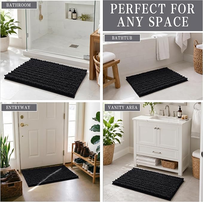 Yimobra Bathroom Rugs Non Slip Washable - Ultra Soft Absorbent Chenille Bath Mat, Quick Dry Shaggy Floor Carpet for Tub Shower, Black Home Decor Accessories, 24x17 Inch