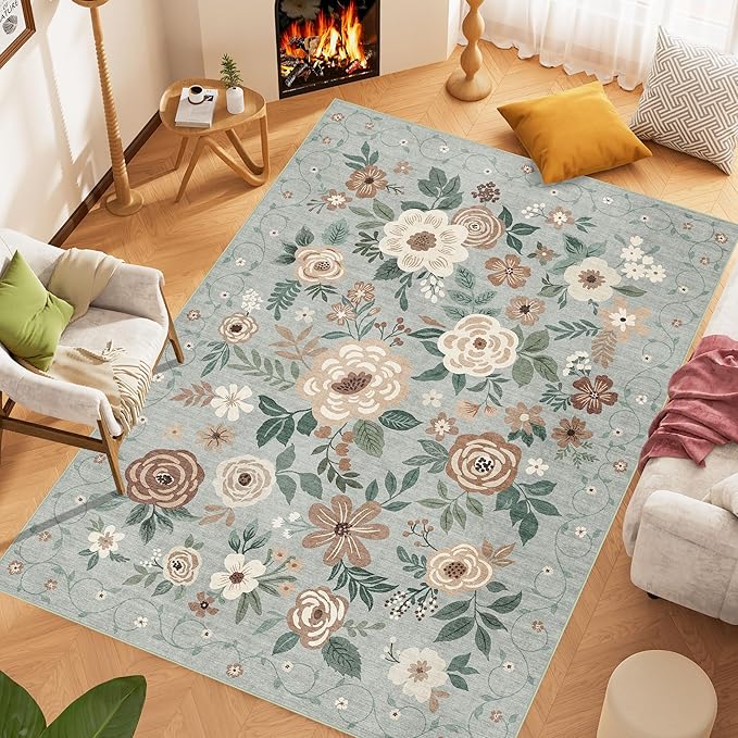 DUKINO 6x9 Area Rug, Floral Rugs for Living Room, Lightweight Non Slip Washable Indoor Low Pile & Non-Shedding Boho Design Carpet for Bedroom, Living Room, Dining Room, Sage Green