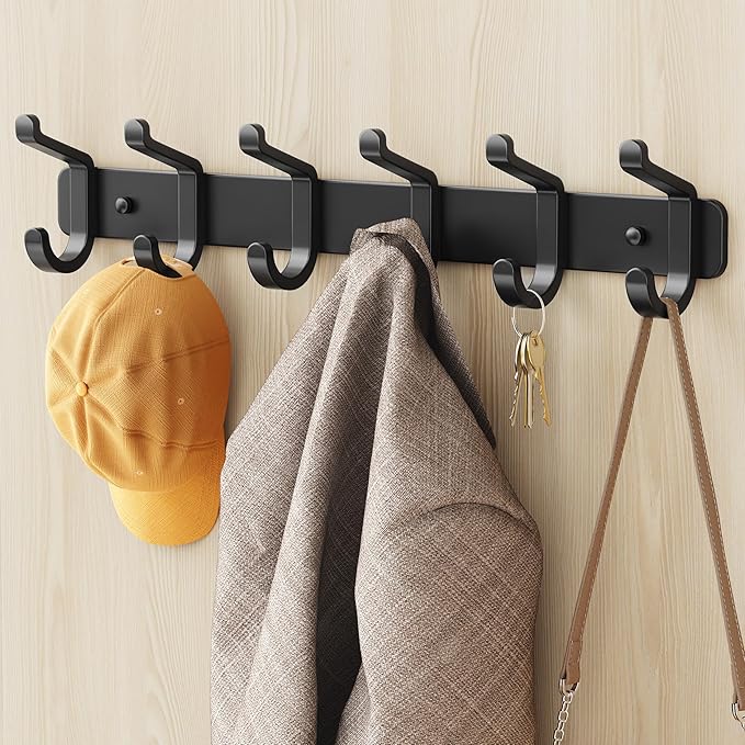 pickpiff Coat Rack Wall Mounted Heavy-Duty: Metal Coat Hanger 6 Hooks for Hanging Hat, Clothes, Robe, Keys, Backpack, Bathroom Towels, Jacket, Purse - Closet, Door, Entryway, Mudroom (Black, 2 Pack)