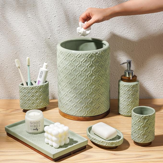 RQYIXI Elegant 6 PCS Ceramic&Wood Bathroom Accessories Set:Soap Dispenser,Toothbrush Holder,Tumbler,Soap Dish,Tray,Trash Can,Easy to Clean,Quatrefoil Pattern,Green-Affordable Home Luxury