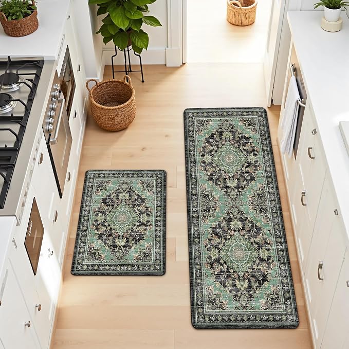 Boho Kitchen Mats for Floor 2 Piece Set Anti Fatigue Cushioned PVC Kitchen Rugs Non Slip Waterproof Farmhouse Mats 2/5 Inch Comfort Standing Mat for Sink, Laundry, 17.3"x59"+17.3"x28", Black Green