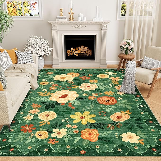DUKINO 8x10 Area Rug, Floral Rugs for Living Room, Lightweight Non Slip Washable Rug, Indoor Low Pile & Non-Shedding Boho Design Rugs for Bedroom, Living Room, Dining Room, Dark Green