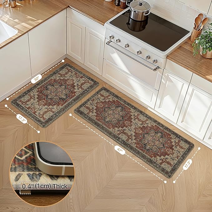 GENIMO Kitchen Mats for Floor 2PCs, Washable Anti Fatigue Mat for Cushioned, 17.3"x47"+17.3"x30", Waterproof Kitchen Rugs, Non Slip Comfort Standing Mat Rug for Home, Sink, Laundry, Bordeaux