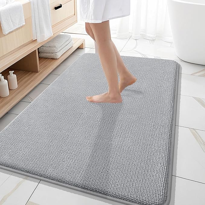 OLANLY Thick Memory Foam Large Bathroom Rugs 59x35, Extra Soft Absorbent Bath Rug, Quick Dry Bath Mat, Non-Slip, Machine Washable Mats for Bathroom, Tub and Shower, Home Decor Accessories, Light Grey