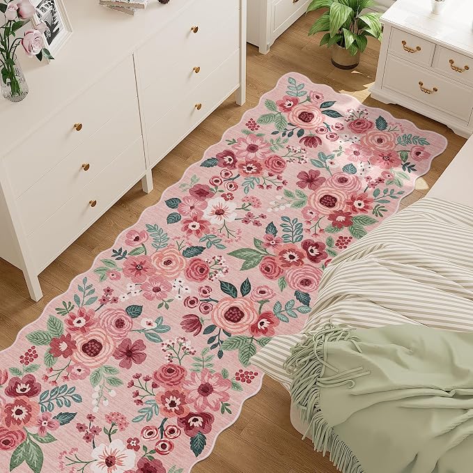 DUKINO 2.6x10 Runner Rug for Hallway, Lightweight Washable Floral Kitchen Rug with Non Shedding, Soft Low Pile & Non Slip Backing Boho Runner for Entryway, Bathroom, Laundry, Bedroom, Pink