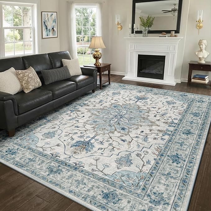 RELEANY Area Rugs 8'x10' Washable Non-Slip, Floral Vintage Distress Medallion Carpet for Living Room Bedroom Dining Room, Light Blue Navy Gray White