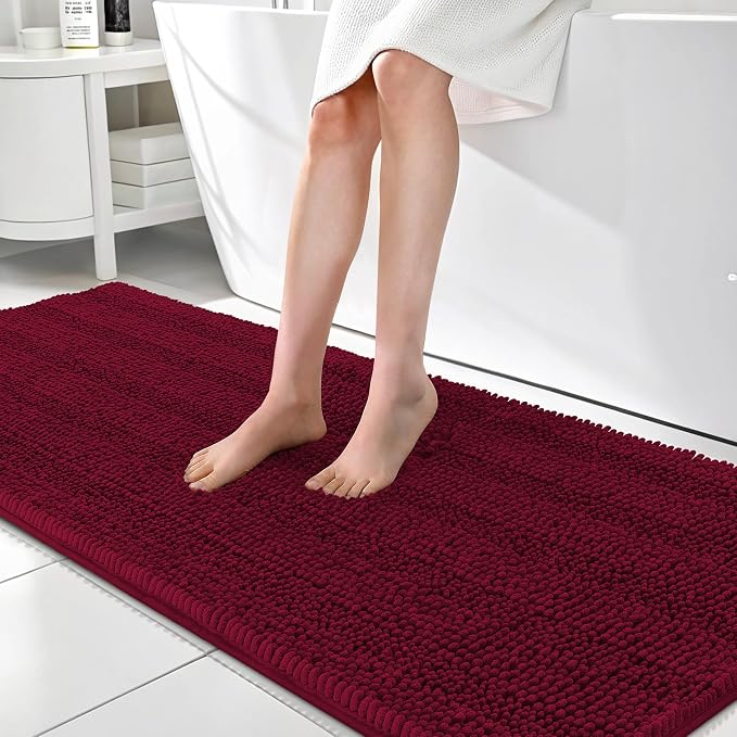 OLANLY Thick Bathroom Runner Rugs 70x24, Absorbent Chenille Striped Bath Rugs, Rubber Backing, Machine Wash, Extra Long Bath Mats for Bathroom Floor, Tub and Shower, Home Decor Accessories, Burgundy