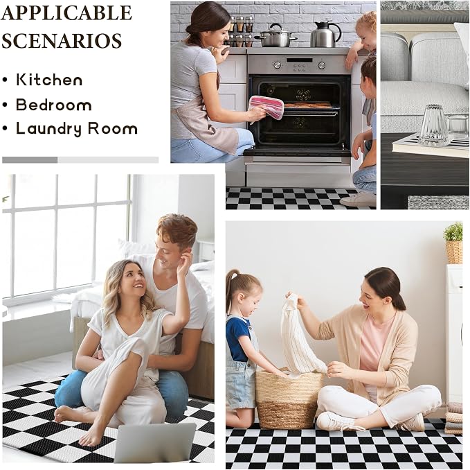 Black Checkered Grid Checkerboard Kitchen Rug, Anti-Fatigue, Waterproof Non-Slip Kitchen Mats Heavy Duty Ergonomic Comfort Foam Rug for Floor, Home, Laundry,17.3"x47"