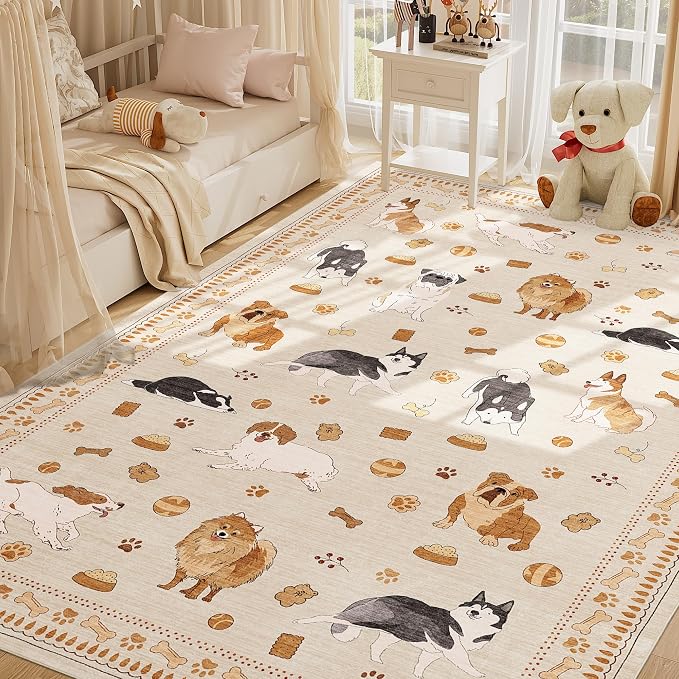 DUKINO 6x9 Rug for Living Room, Lightweight Animal Dog Print Washable Area Rug, Non Slip & Low Pile Floor Mat, Stain Resistant Large Carpet for Bedroom, Nursery, Farmhouse, Kids Playroom, Beige Yellow