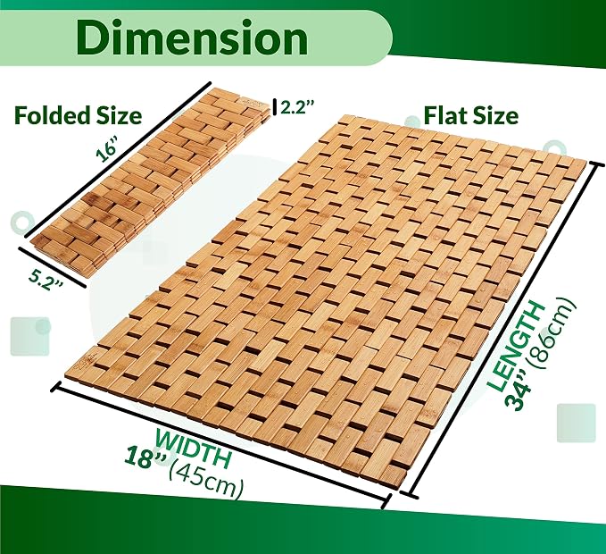 Bamboo Bath Mat - Foldable, 34x18-Inch Wood Bathmat for Bathroom Sauna Spa Door Kitchen Floor and Countertops - Modern Farmhouse Decor Accessory
