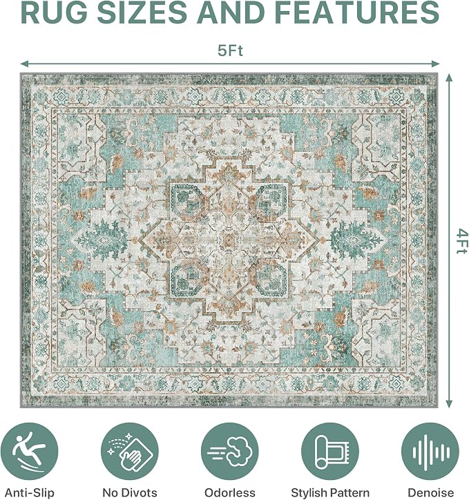 48"x60" Office Chair Mat for Hardwood Tile Floor, Under Desk Carpet Protector for Rolling Computer Chair Mat, Machine Washable Area Rug, Anti-Slip 1/5" Thick Low Pile Thin Vinyl Floor Mat, Cyan