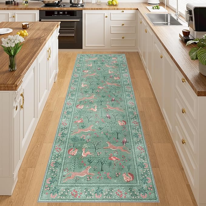 DUKINO Runner Rug, 2x8 Washable Kitchen Rugs for Hallways with Non Slip Backing, Soft Low Pile Vintage Animal Runner for Kitchen, Hallway, Entryway, Laundry, Bedroom, Teal