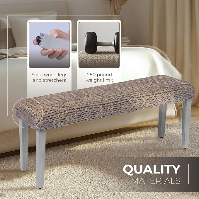Solid Wood Acacia Indoor Bench with Natural Woven Water Hyacinth Seat, Wood Bench for Living Room or Entryway, Vintage Bench, Fishbone Style, Grey Leg