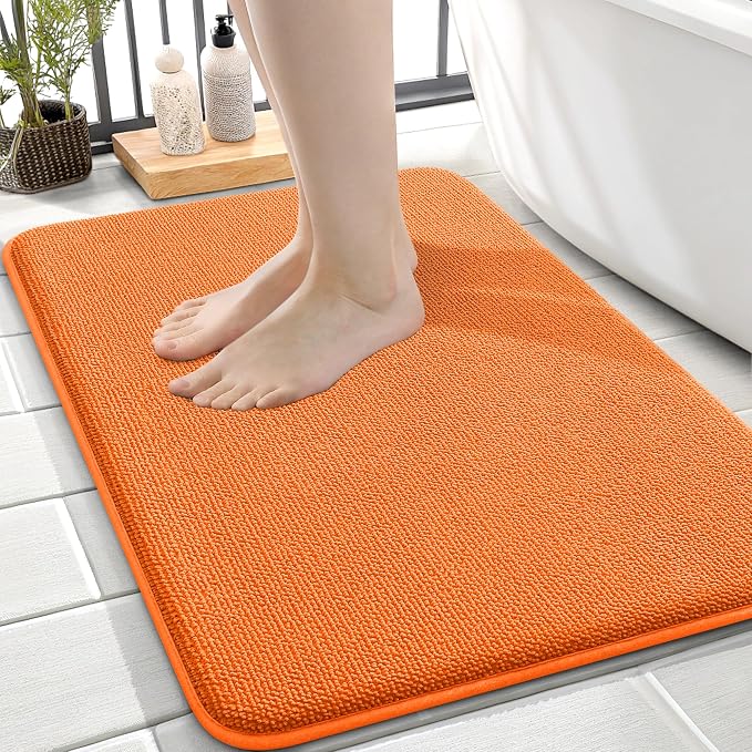 OLANLY Thick Memory Foam Small Bathroom Rugs 24x16, Extra Soft Absorbent Bath Rug, Quick Dry Bath Mats, Non-Slip, Machine Washable Carpet for Bathroom, Tub and Shower, Home Decor Accessories, Orange
