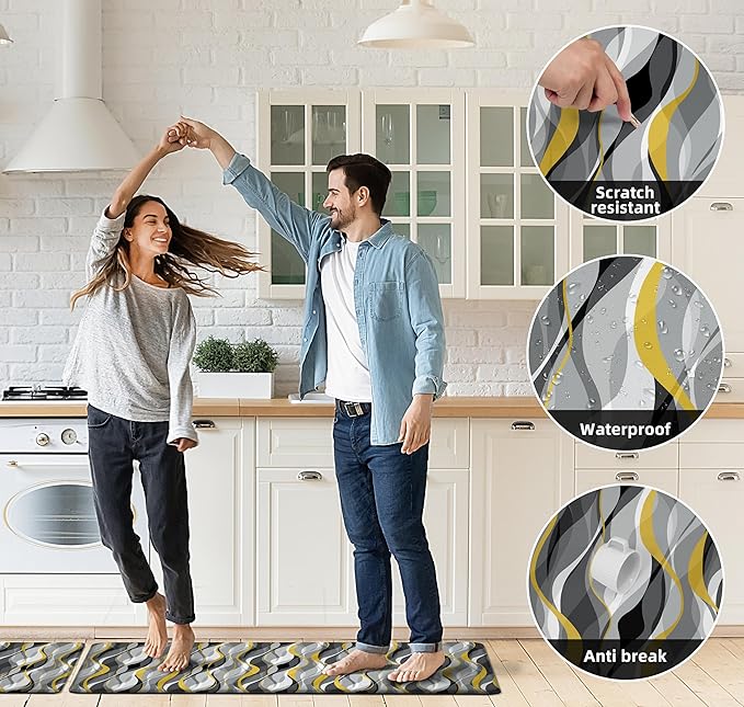 Kitchen Mats for Floor Modern Abstract kitchen rugs Grey and Yellow Stripe Anti Fatigue Kitchen Mats Waterproof Floor Mats Cushioned Non-Skid Standing Mats for Kitchen, Set of 2,17.3 x 28+17.3 x 47