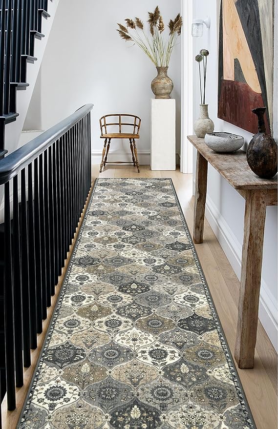 Lahome Moroccan Washable Runner Rug Non Slip, 2x10 Runner Rugs for Hallway 2x10 Vintage Ultra-Thin Throw Long Carpet for Kitchen Entryway Bedroom Laundry Room Elise, Grey