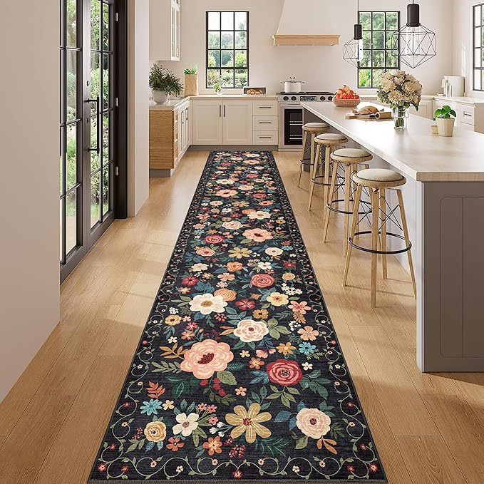 DUKINO 2.6x14 Kitchen Runner Rug, Lightweight Floral Washable Rug for Hallway, Boho Low Pile & Non Slip Backing Soft Floor Carpet for Entryway, Bedroom, Bathroom, Laundry, Black