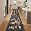 DUKINO 2x14 Runner Rug, Floral Long Washable Boho Kitchen Runner Rug with Non Slip Backing, Soft Non Shedding & Low Pile Carpet for Bedroom, Entrance, Laundry, Bathroom, Black