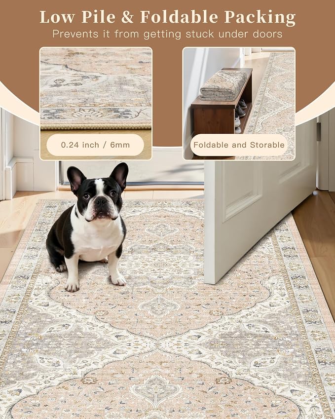 Madane Washable Runner Rug - 2x6 Rug Runners for Hallways 6 Feet Non Slip Vintage Kitchen Runner Rug Ultra-Thin Bathroom Runner Rugs Carpet Laundry Room Bedroom (2x6ft, Pink/Gray)