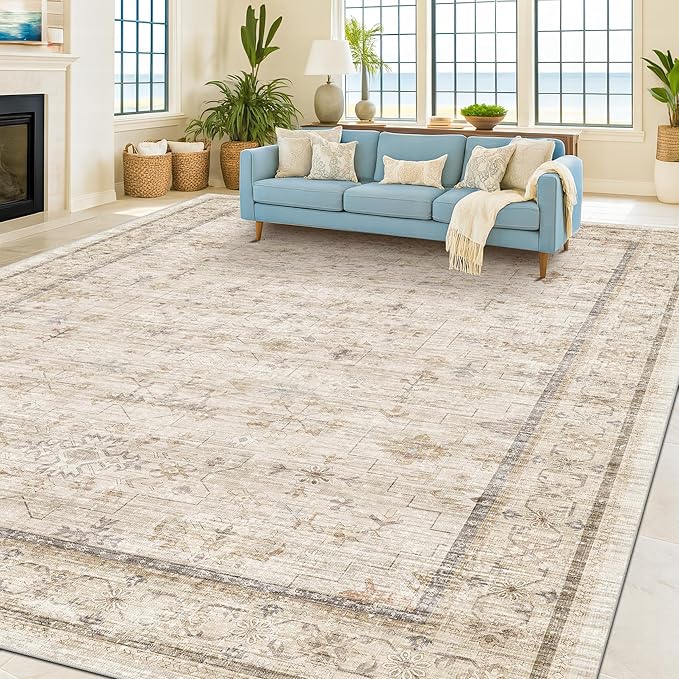 Hazo Haus Washable Ivory Beige Living Room Rug, 8x12 Non Slip Area Rugs for Bedroom, Dining Room Under Table, Low Pile Neutral Farmhouse Vintage Foldable Décor