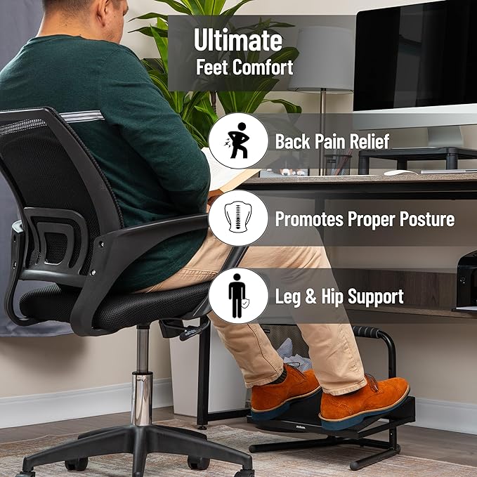Mind Reader Foot Rest, Under Desk at Work, Ergonomic, Height Adjustable, Office, Metal, Black