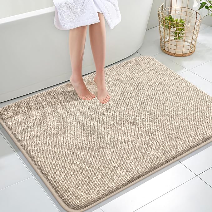 OLANLY Thick Memory Foam Large Bathroom Rugs 40x32, Extra Soft Absorbent Bath Rug, Quick Dry Bath Mats, Non-Slip, Machine Washable Carpet for Bathroom, Tub and Shower, Home Decor Accessories, Beige