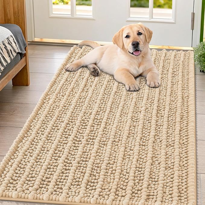 Smiry Dog Door Mat for Muddy Paws 47x32, Absorbent Dirt Trapper, Non-Slip Washable Chenille Entryway Rug for Inside Floor, Beige, Layered Pattern