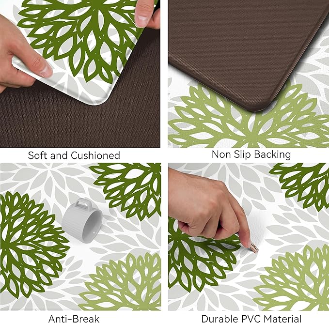 Kitchen Mats Set of 2 Cushioned Anti Fatigue Kitchen Rugs Non Slip Waterproof Kitchen Runner Memory Foam Kitchen Floor Mat Comfort Standing Mat for Sink,Office,Laundry, Green