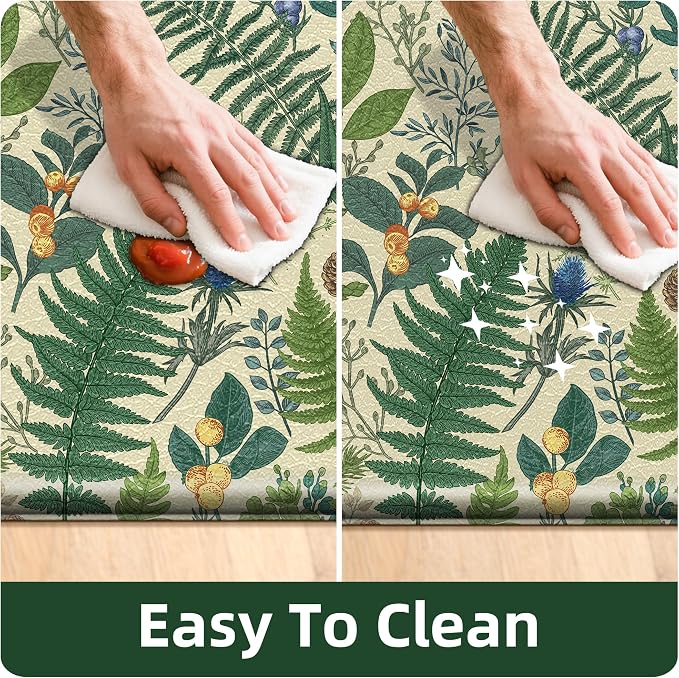 Beige Green Botanical Kitchen Rugs Set of 2 Plant Leaf Anti-Fatigue Kitchen Mat Natural Comfort Standing Waterproof PVC Mats 2/5" Thick Leather Carpet for Laundry Office Sink(17.3" x28" + 17.3" x 47")