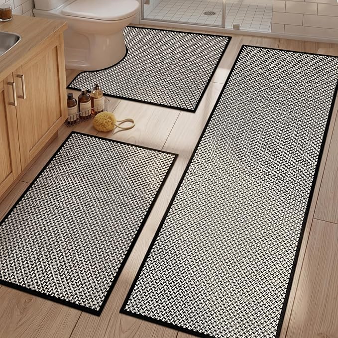 YIHOUSE Thin Bath Mat Black Bathroom Rugs Sets 3 Pieces, Non Slip Absorbent Bath Mats Quick Dry, Woven Braided Rugs Washable,Tapetes para Baño for Bathroom,Bathtub(17.5"x24"U+17"x24"+17"x47")