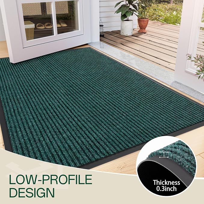 Indoor Outdoor Door Mat, 10’x 3' Doormat for Entryway, Rubber Backing Non Slip Front Door Mat Outside Entrance, Super Absorbent Commercial Floor Mat for Home Office, Green