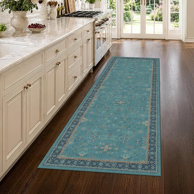 Washable 3x8 Throw Rug for Hallway - Teal Green Rugs for Entryway Indoor, Bedroom Bedside, Mudroom, Boho Eclectic Modern Décor, Non Slip Low Pile Fade Resistant