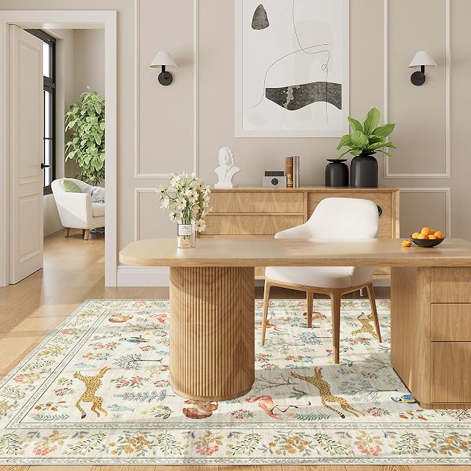 DUKINO 4x6 Rug, Washable Animal Area Rug with Non Slip Vintage Design, Indoor Soft Low Pile Carpet for Bedroom, Nursery, Dining Room, Farmhouse, Playroom, White