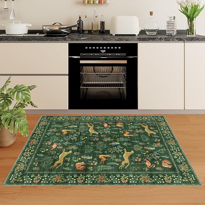 DUKINO 3x4 Washable Entryway Rug, Vintage Animal Ultra Soft Kitchen Area Rug with Non Slip Backing, Low Pile & Stain Resistant Indoor Door Mat for Bathroom, Bedroom, Laundry Room, Office, Green