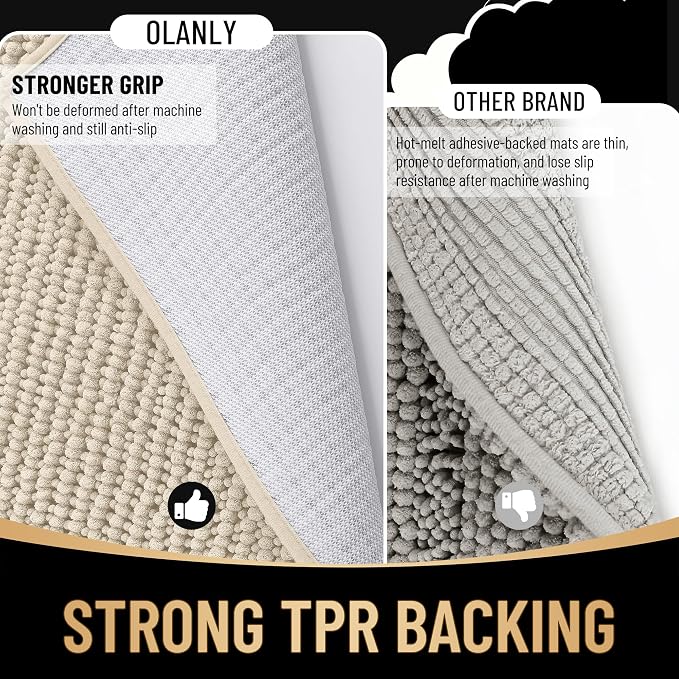 OLANLY Thick Toilet Rugs U-Shaped 24x20, Extra Soft Absorbent Shaggy Chenille Contour Bathroom Rugs for Toilet, Dry Quickly, Machine Washable, Non-Slip Bath Mat, Sand
